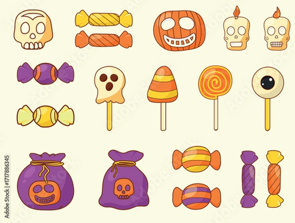 Fototapeta Colorful collection of Halloween candies, candy bags, lollipops, candles in the shape of a skull. Vector elements for Halloween: cute cartoon skulls, pumpkins, ghosts, lollipops and candy wrappers.