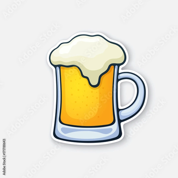 Fototapeta Vector illustration. A mug of beer with foam. Glass of alcohol drink. Classic foam drink of pubs and bars. Sticker in cartoon style with contour. Isolated on white background