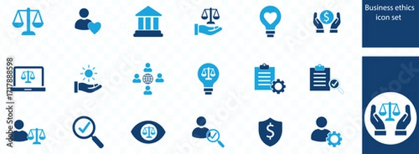 Fototapeta Business ethics icon set fairness, integrity, loyalty, trust, equality, code of conduct, honesty, anti corruption, transparency