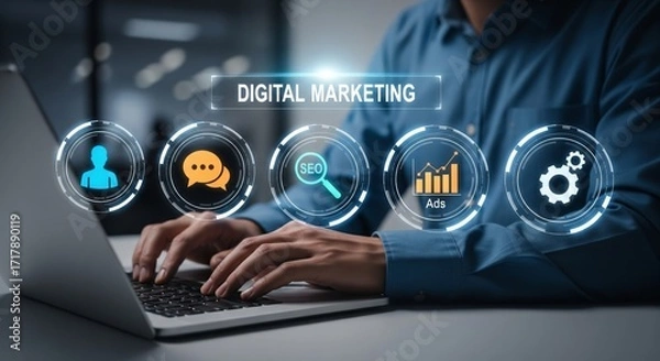 Fototapeta Digital Marketing Holographic Icons SEO Ads Communication Visualization