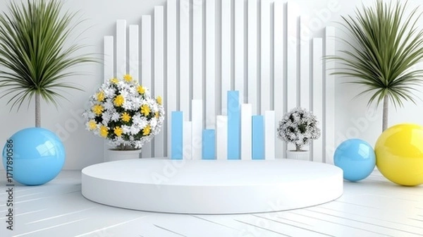 Fototapeta Modern Minimalist Stage Design with Plants and Flowers for Events and Presentations