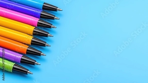 Fototapeta Colorful Gel Pens Arranged Neatly on a Bright Blue Background for Creative Projects