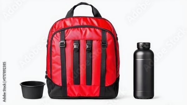 Fototapeta Stylish Red Backpack with Water Bottle and Lunch Container for Daily Use and Travel