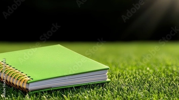 Fototapeta Bright Green Notebook on Lush Grass with Sunlight in the Background