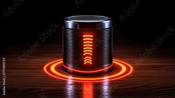 Fototapeta Modern Speaker with Glowing Design on Wooden Surface in Dark Background
