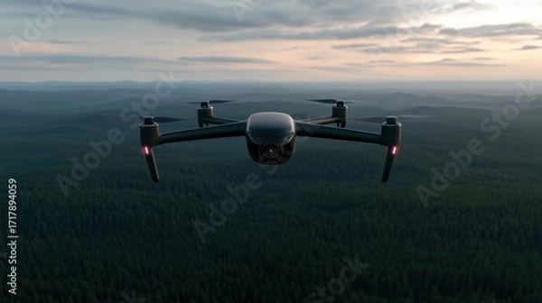 Fototapeta High-Flying Drone Over Scenic Mountain Landscape at Dusk with Vibrant Cloudy Sky