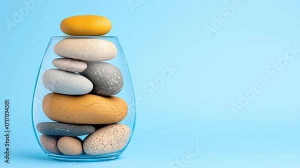 Fototapeta Colorful Smooth Stones Stacked in Clear Glass Container Against Light Blue Background