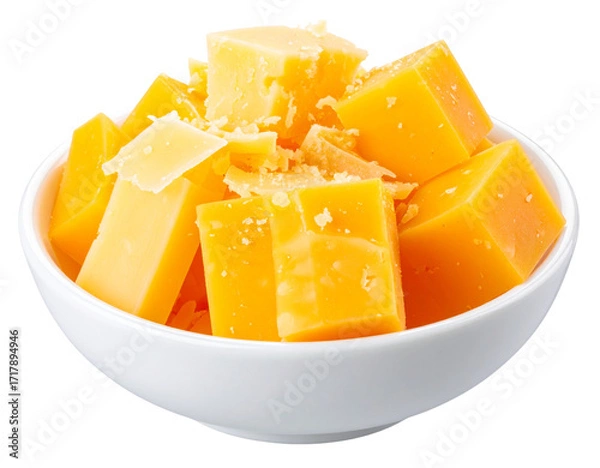 Fototapeta “Cheese Cubes and Crumbles in a Bowl, isolated on a transparent background”.