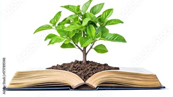 Fototapeta Green Plant Growing from Open Book Symbolizing Knowledge and Nature Connection