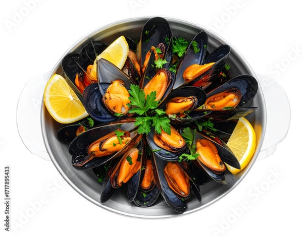 Fototapeta “Bowl of Steamed Mussels with Herbs, isolated on a transparent background”.