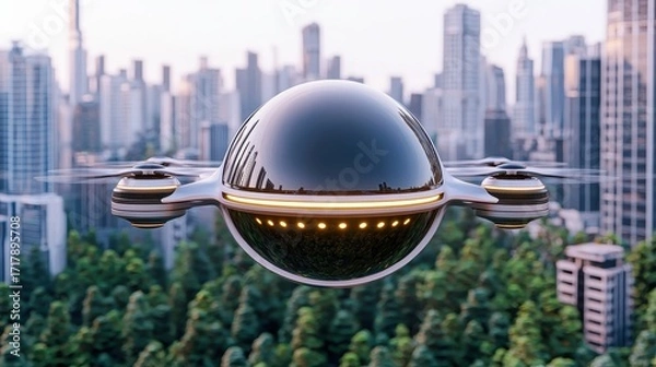 Fototapeta Futuristic Drone Over City Skyline with Green Forest in Foreground and Modern Buildings