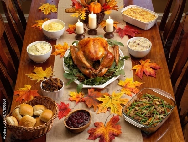 Fototapeta Thanksgiving dinner table displaying roasted turkey and side dishes