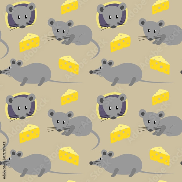 Fototapeta  Seamless pattern with mice and cheese on a light beige background.