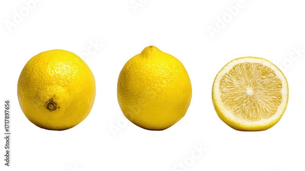 Fototapeta Three Lemons on Black Background: Whole, Whole, and Sliced