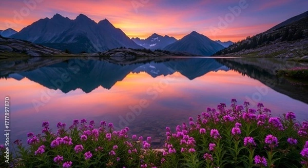 Obraz Serene Mountain Lake at Sunset with Blooming Wildflowers