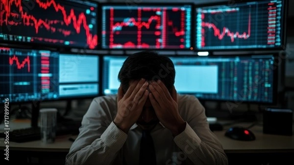 Fototapeta Investor covering face with hands in front of multiple trading monitors with red stock charts, neon blue light, financial trading background.
