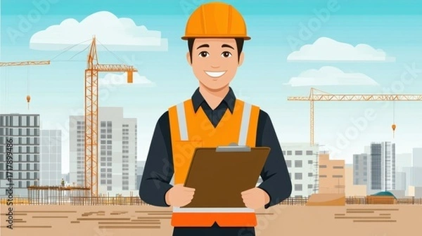 Fototapeta Professional engineer illustration standing at a construction site, holding a clipboard, soft pastel tones, abstract background.