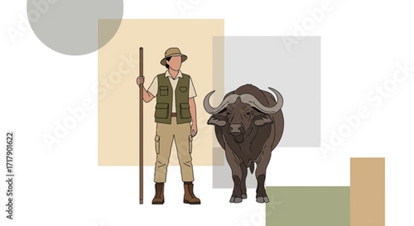 Fototapeta Safari Explorer Observing African Buffalo Next To A Stylized Simplified Vector Illustration