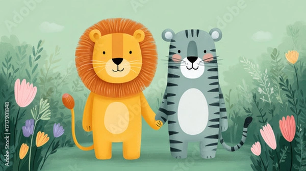Fototapeta Together cartoon, Two stylized cartoon animals, a lion and a tiger, stand side by side in a whimsical floral setting, promoting friendship and harmony.