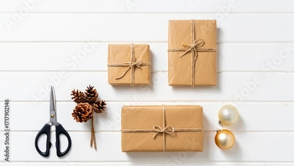 Fototapeta Christmas gifts wrapping with rustic natural elements