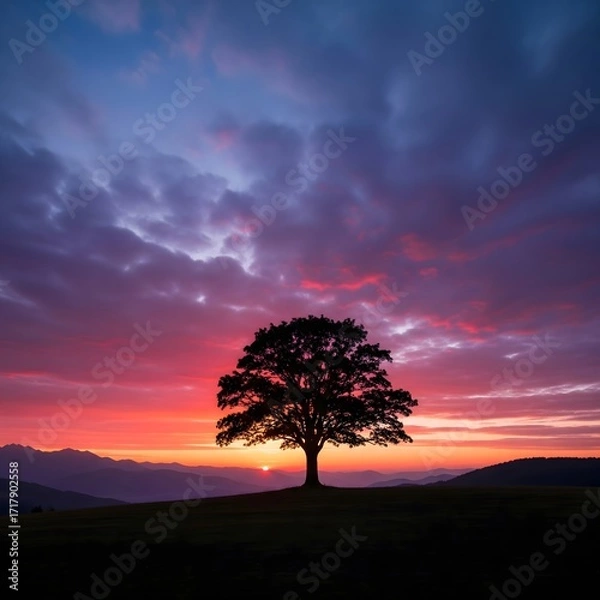 Fototapeta A solitary ancient tree silhouetted against a vibrant sunset sky with dramatic clouds over distant rolling hills