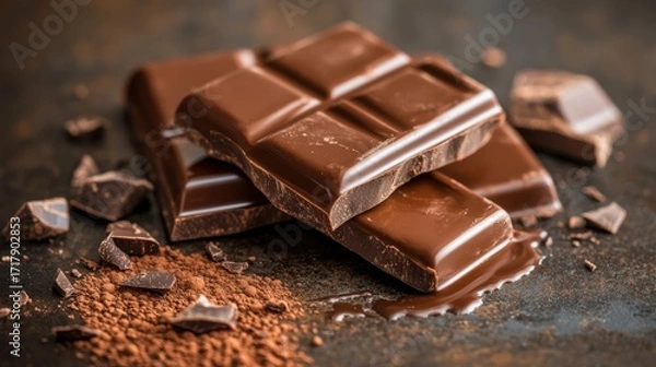 Fototapeta Close-up of melting chocolate bar with rich glossy texture, soft warm light, dark rustic background.