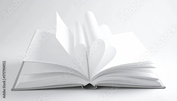 Fototapeta Open Book with Curled Pages on White Background, Minimalist Design, Soft Lighting, Plain Background, Book Pages Forming Abstract Shapes