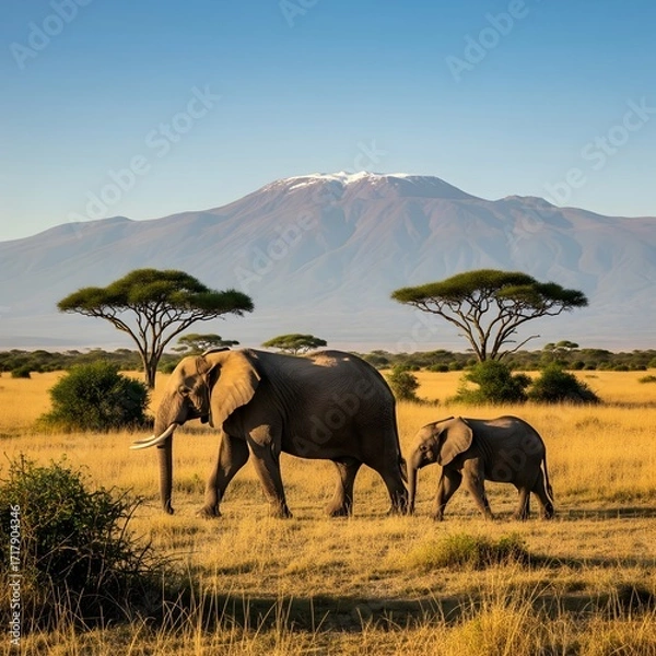 Obraz Elephants walk across the savanna with Mount Kilimanjaro in the background