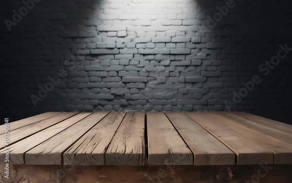 Fototapeta Rustic wooden table surface with spotlight on textured brick wall backdrop for product display illustration