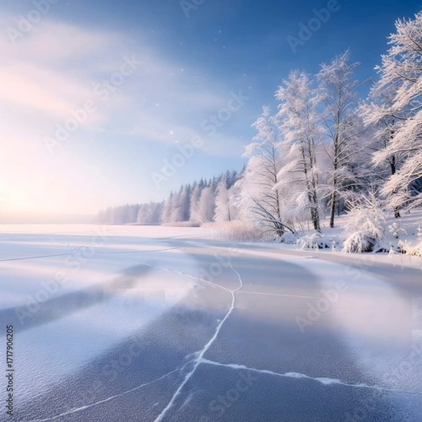 Obraz Majestic Winter Landscape With Snow Covered Trees And Frozen Lake Under A Clear Blue Sky