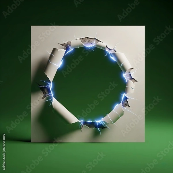 Fototapeta Energetic portal of light bursts through torn paper revealing a dark green background