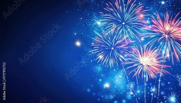 Fototapeta Celebrate One Year: The First Anniversary With Firework And Star On Blue Greeting Card And Poster. Joyful And Festive Design.
