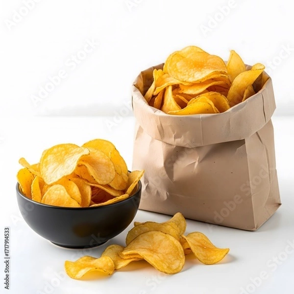 Fototapeta Golden Potato Crisps in a Black Bowl and Paper Bag Delicious Snacks for Any Occasion