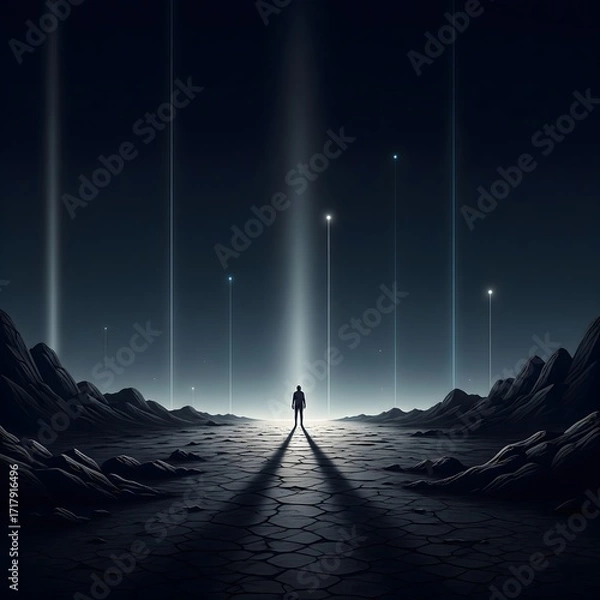 Fototapeta Solitary traveler gazing at otherworldly illumination on a barren alien landscape under a starry sky