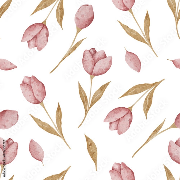 Fototapeta Watercolor seamless pattern with spring flowers in pastel pink  colors, isolated on white background. Perfect for wrapping paper, posters, kids room decor, invitations and textile designs.
