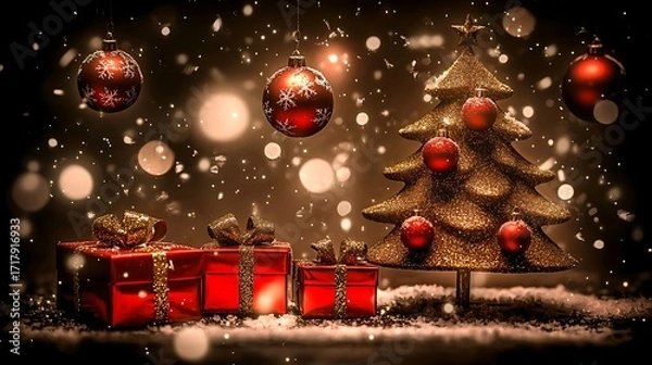 Fototapeta Lux gold tree surrounded by red presents captured using DSLR, 28mm lens, wide angle showing full scene with natural highlights and soft shadows
