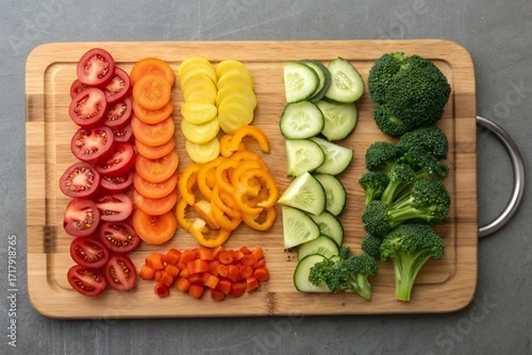 Fototapeta Freshly chopped vegetables arranged by color on a wooden cutting board