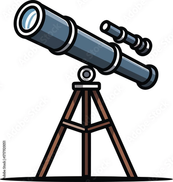 Fototapeta Telescope on Tripod for Astronomy and Observation in Blue and Brown with Black Outline Style