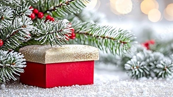Fototapeta Metallic gold Christmas tree with red box arrangement photographed using full frame camera, 50mm lens, close focus on shimmering needles under window light