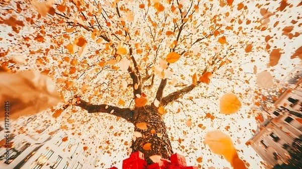 Fototapeta Lux gold tree surrounded by red presents captured using DSLR, 28mm lens, wide angle showing full scene with natural highlights and soft shadows