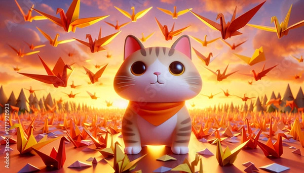 Fototapeta A cat surrounded by origami cranes flying around in a glowing sunset sky.