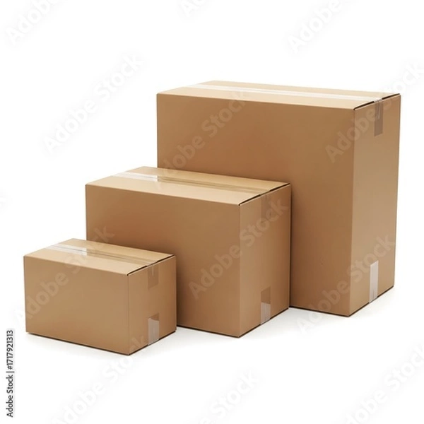 Obraz A stack of three corrugated cardboard boxes of varying sizes arranged on a white background