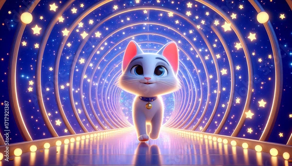 Fototapeta A cat walking inside a glowing glass tunnel filled with stars.