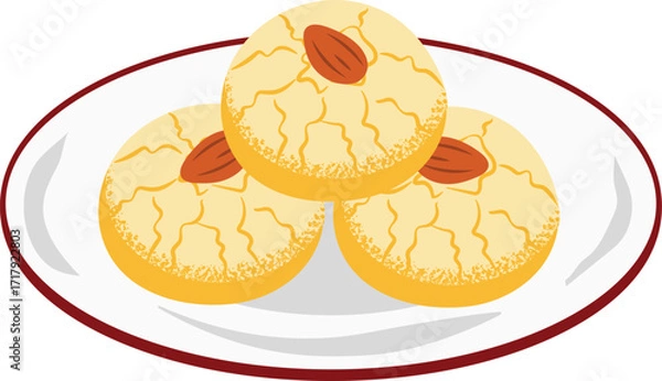 Obraz Illustration of Traditional Maghrebi Moroccan Cuisine Ghriba Dessert A round Cracked Cookie Served In Plate