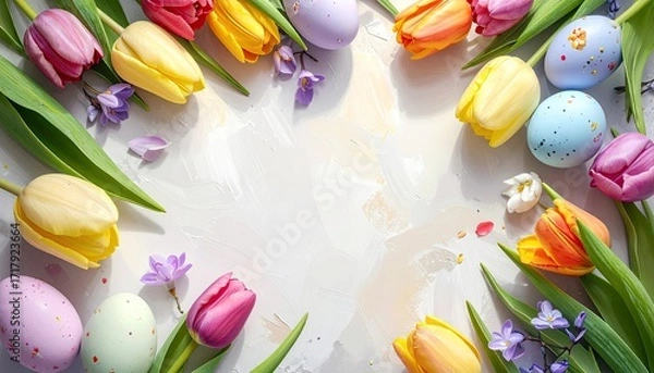 Obraz Pastel Easter Tulips and Decorated Eggs in a Bright Festive Still Life Arrangement with Room for Text on Textured White Background