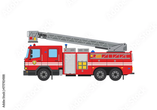 Fototapeta Red fire truck with an extendable ladder isolated on a white background.
