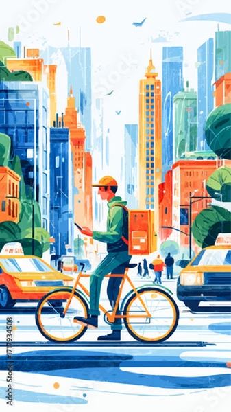 Fototapeta Delivery man using smartphone app riding his bicycle to deliver a package in New York