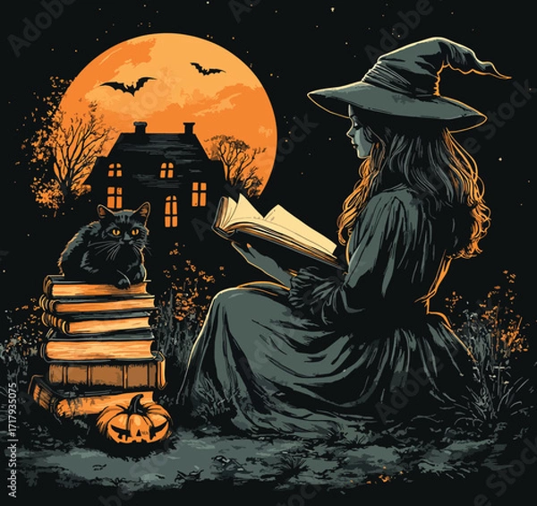 Obraz Gothic Witch Reading by Moonlight with Black Cat.