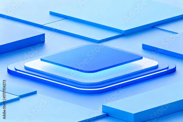 Obraz A 3D, minimalist, and premium product podium on a geometric blue background with a cool glow. It's a clean futuristic presentation for a website.