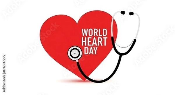 Fototapeta A red heart with a stethoscope wrapped around it, symbolizing world heart day, isolated on white background promoting cardiovascular health and awareness globally